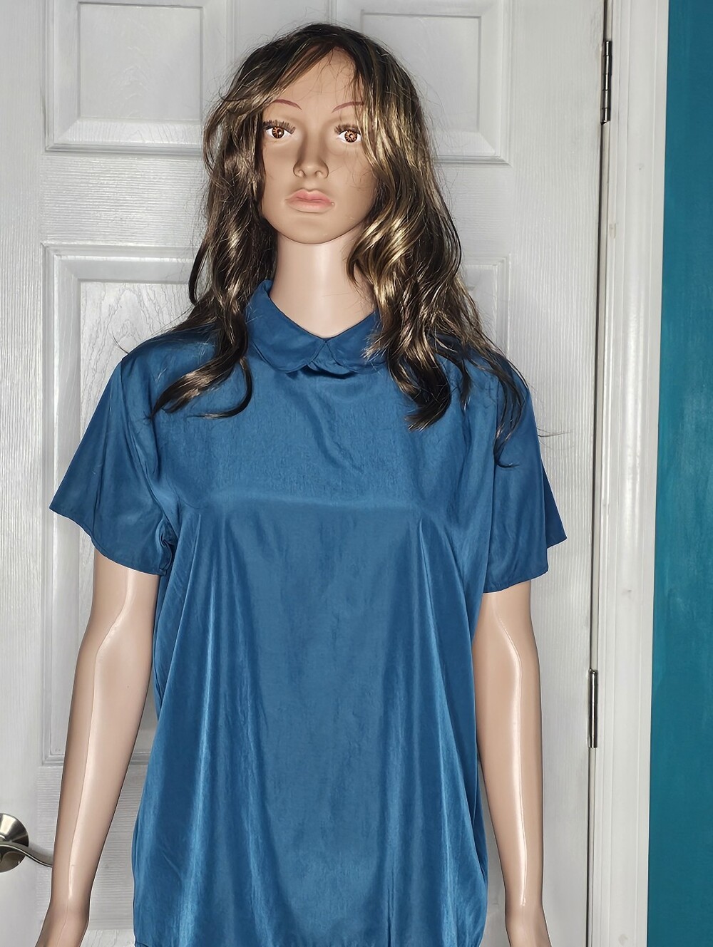 American Apparel Peacock Blue Silky Collar Top NWT